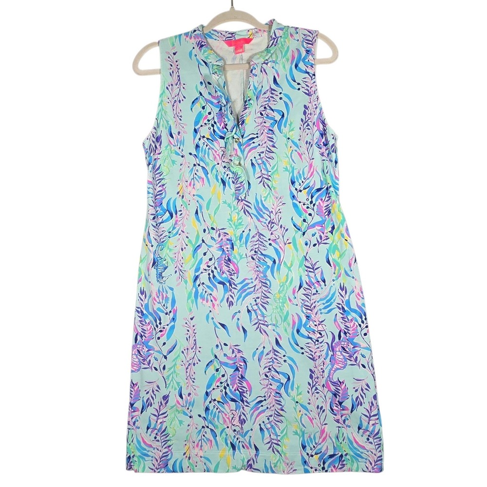 Lilly Pulitzer Sherryn Shift Dress M Blue Oasis Tint Swim Shady Seahorse Ruffle